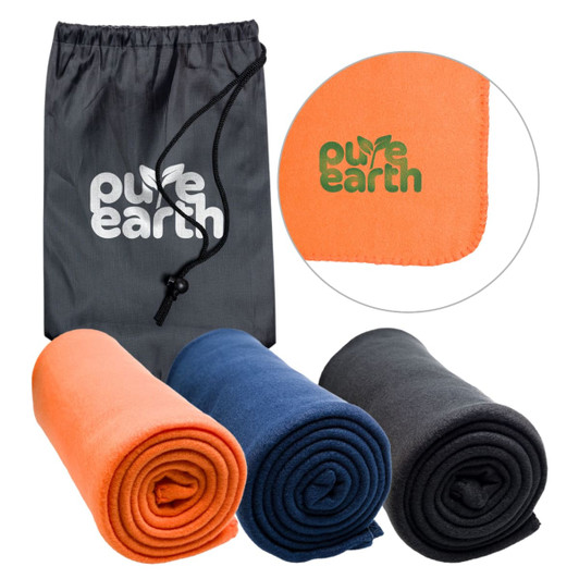 Three rolled blankets in orange, navy, and black, stored in a grey drawstring bag featuring a logo.