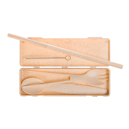 A cutlery set in a beige case, featuring chopsticks, a spoon, a fork, and a cleaning brush.