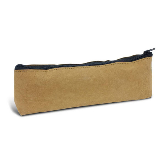 A tan pencil case with a zipper and a black interior, featuring a branding logo.
