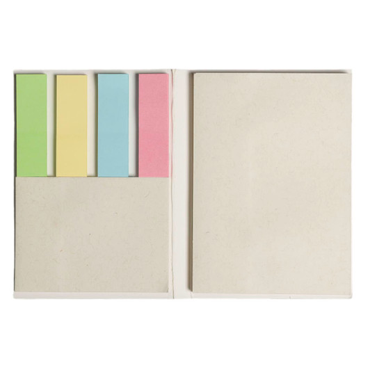 A booklet containing sticky notes in green, yellow, blue, and pink, with a blank notepad section. Features a logo.