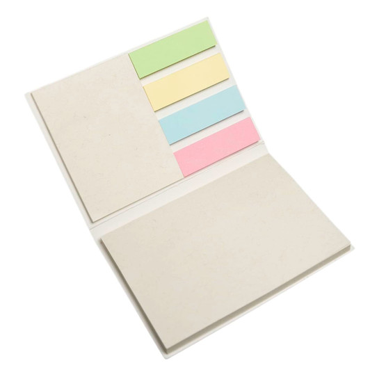 A sticky note booklet featuring pastel-colored notes including green, yellow, blue, and pink on a neutral background.
