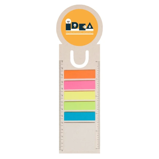 A bookmark designed like a milk carton, featuring a circular top with a logo and colourful sticky tabs in pink, orange, green, and blue.