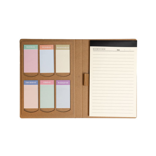 A Daily Note Planner featuring a brown cover with a notepad and six sticky note tabs labeled for each day of the week.