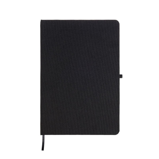 A black A5 notebook made from recycled materials, featuring a soft cover and a ribbon bookmark.