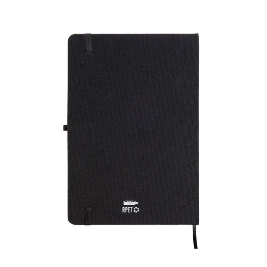 A black A5 notebook made from RPET material, featuring an elastic band closure and a ribbon bookmark.