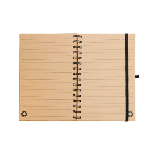 A Pacifica Spiral A5 Notebook featuring lined pages and a recyclable design, with a black elastic band for closure.