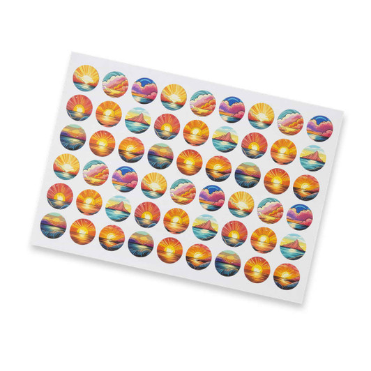 A sticker sheet featuring 26mm circle stickers with images of sunrises and sunsets in various colours.