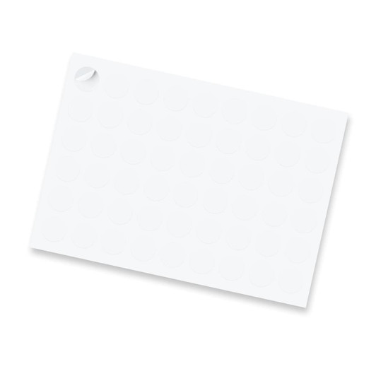 A sheet of matte stickers featuring 26mm circular designs in white, with a portion peeled back.
