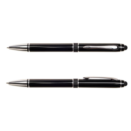 A metal pen set featuring sleek black finishes with silver detailing and a logo.