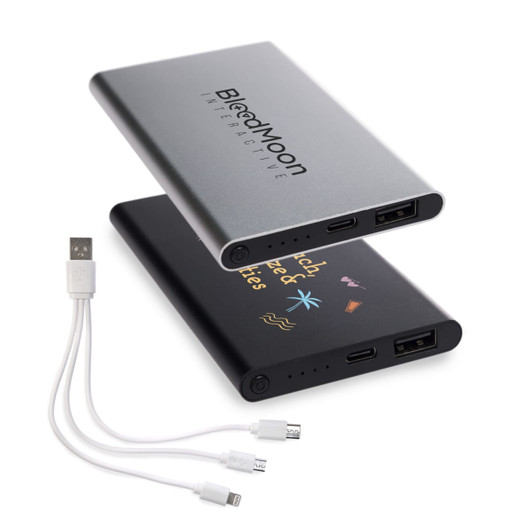 A silver and black power bank with multiple charging ports and a branded logo, accompanied by three charging cables.