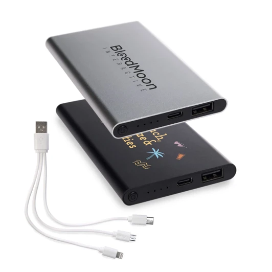 A silver and black power bank with USB ports and a charging cable, featuring a logo and colourful graphics.