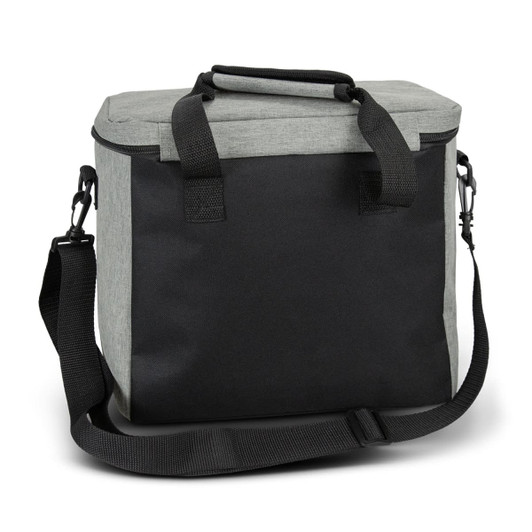 A grey and black cooler bag with a sturdy handle and adjustable shoulder strap, featuring a logo on the side.