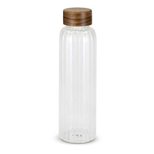 A drink bottle with a clear, ribbed glass body and a wooden lid, showcasing a sleek and modern design.