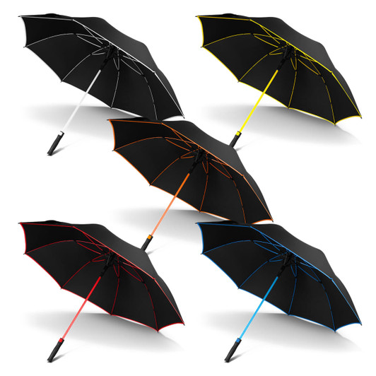 A collection of black umbrellas with coloured accents in orange, red, blue, and yellow. Each umbrella has a branding logo.