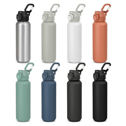 A drink bottle collection featuring eight recycled aluminium bottles in various colours: silver, green, white, orange, teal, navy, and black. Each bottle has a lid with a clip.