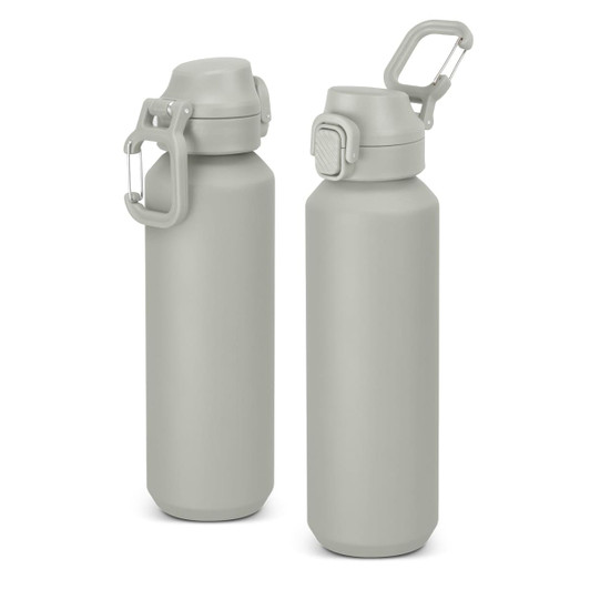 A drink bottle in a muted green colour with a screw cap and a carabiner clip, features a logo.