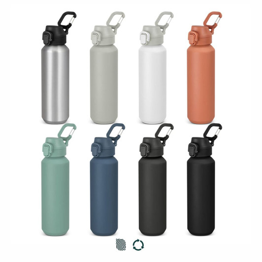 A drink bottle in various colours including silver, white, grey, terracotta, teal, black, and a branding logo.