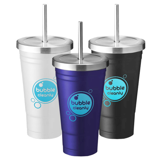 A drink bottle set featuring three tumblers in white, black, and blue, each with a logo and stainless steel straw.