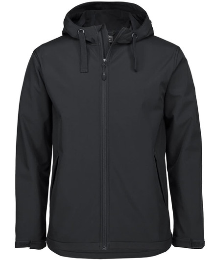 A three-layer hooded softshell jacket in dark green, featuring a zip front and side pockets, with a logo.