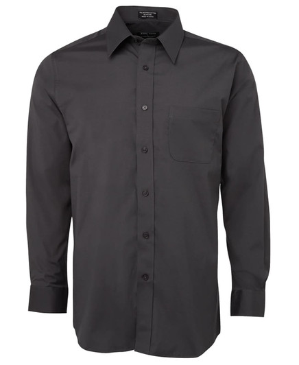 A black long-sleeve poplin button-up shirt with a pocket and a collar, featuring a logo.