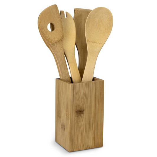 Bamboo kitchen utensils in a standing holder, featuring a spatula, spoon, and fork, all in natural bamboo colour.