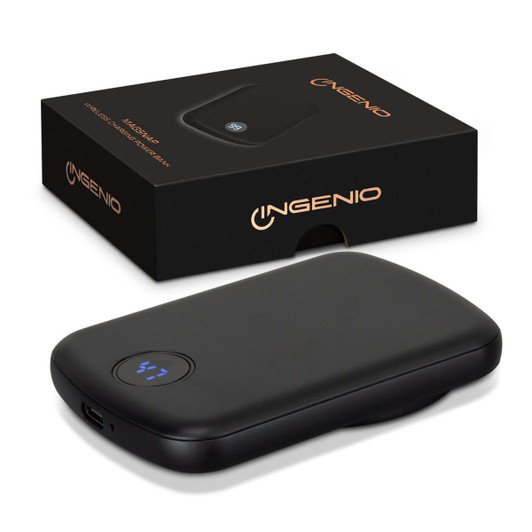 A black wireless charging power bank with a sleek design, accompanied by a matching box featuring a logo.