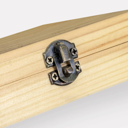 A wooden box with a silver latch closure, showcasing a natural wood finish and visible screws.