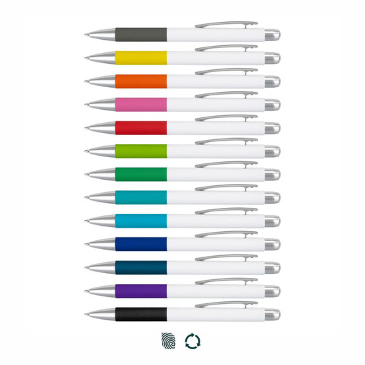 A collection of metal pens in various colours, featuring white barrels and silver accents, arranged in a row.