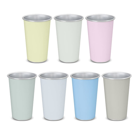 A drink cup set featuring pastel colours including green, yellow, pink, blue, and grey, with a metal rim and branding.