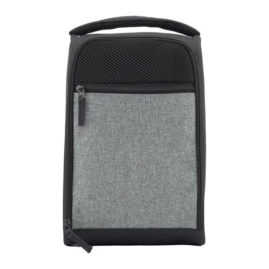A grey travel shoe bag with a textured front, zip closure, and a handle on top. It features a logo.