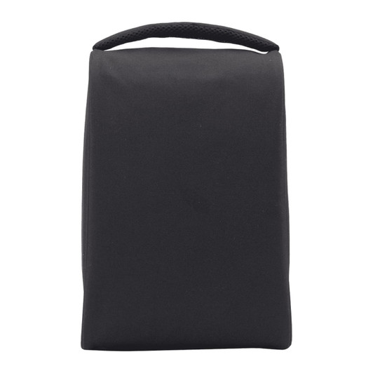 A black travel shoe bag with a handle, featuring a simple design and a logo on the front.