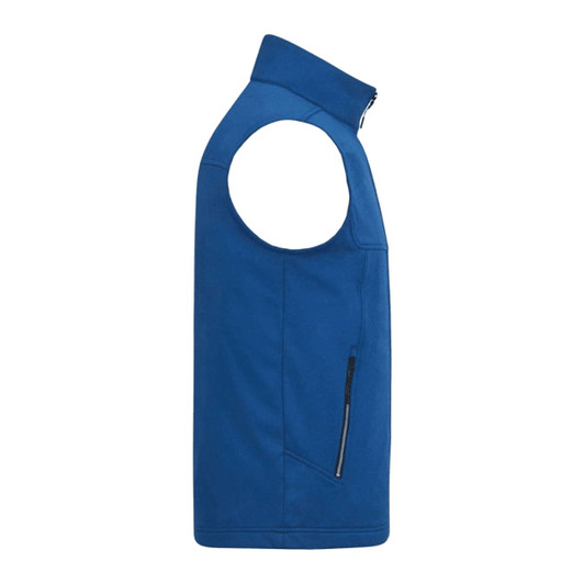 A blue eco waterproof softshell vest with a high collar and side zip pocket. Features a logo on the front.
