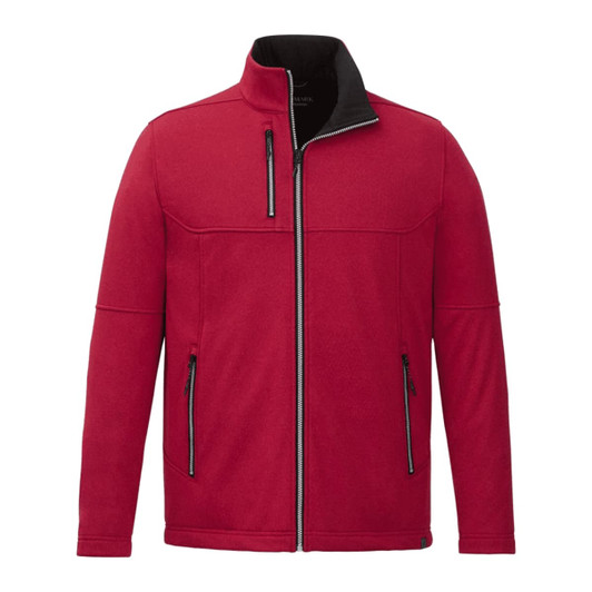 A red softshell jacket featuring a zippered front and pockets, with a high collar and a logo on the chest.
