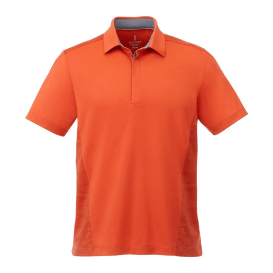 An orange short sleeve polo shirt with a collar and side panels, featuring a logo on the upper front.