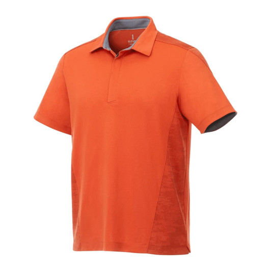 An orange short sleeve polo shirt with a contrasting grey collar and side panels, featuring a logo.
