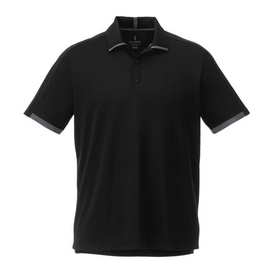 A black short sleeve performance polo shirt with grey accents and a logo on the chest.