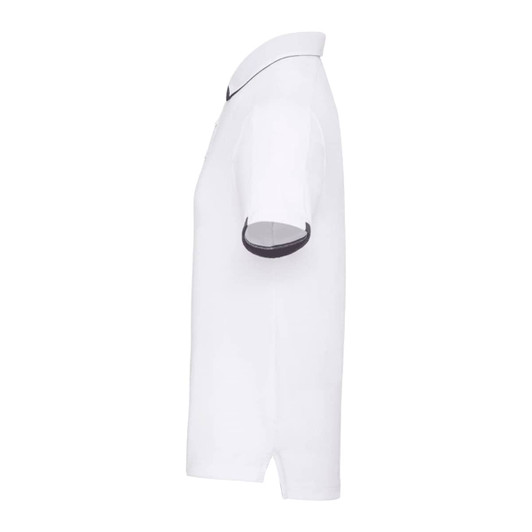 A white men's performance polo shirt with a contrasting collar and cuffs, featuring a logo.