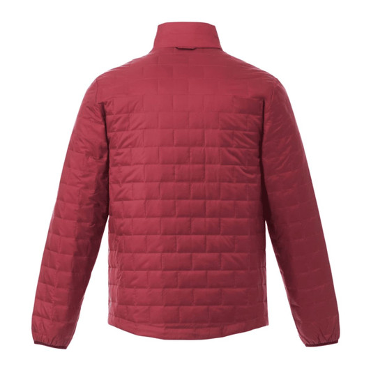 A lightweight packable insulated puffer jacket in a rich burgundy colour, featuring a simple design and a collar.