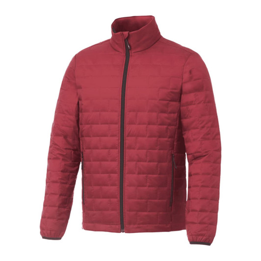 A men's lightweight packable insulated puffer jacket in burgundy, featuring a zip front and side pockets.