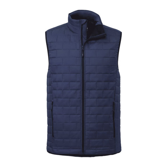 A navy insulated puffer vest with a stand-up collar and zippered front, featuring a logo on the side.