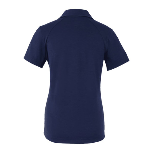 A navy blue women's polo shirt with a collared neck and short sleeves. Features a logo.