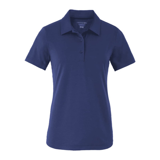 A navy polo shirt with short sleeves, featuring a collar and three buttons, and includes a logo.