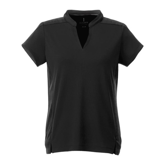 A women's short sleeve polo shirt in black, featuring a collared neckline and an understated design. It has a logo.