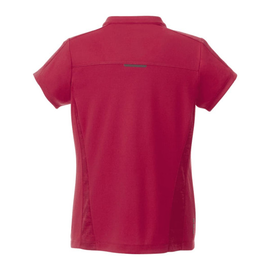 A red women's polo shirt featuring a short sleeve design and a logo on the back.