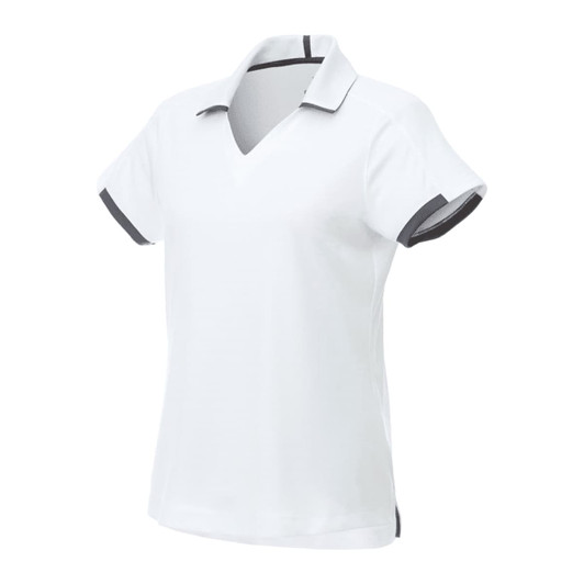 A white short sleeve polo shirt with grey accents and a collar, featuring a logo.