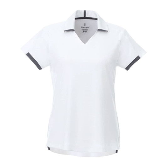 A women's short sleeve performance polo in white with grey accents and a v-neck design, featuring a logo.