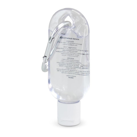 A clear hand sanitiser bottle with a white cap and a carabiner attached, containing 30ml of liquid.