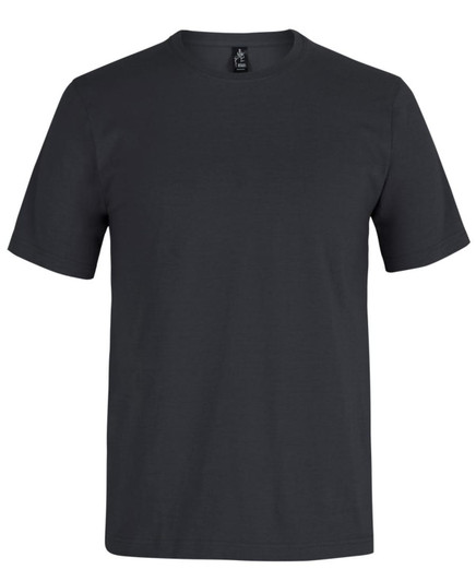 A black t-shirt with a crew neck and short sleeves, featuring a logo at the collar.