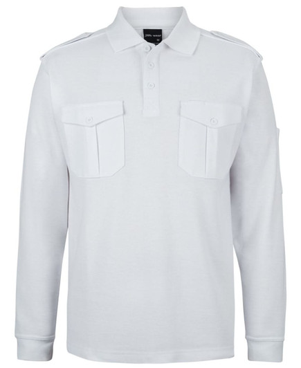 A white long-sleeve polo shirt with epaulettes and two chest pockets. It features a logo on the collar.