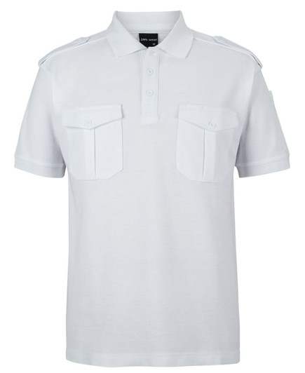 A white polo shirt with epaulettes and two front pockets, featuring a subtle logo on the collar.